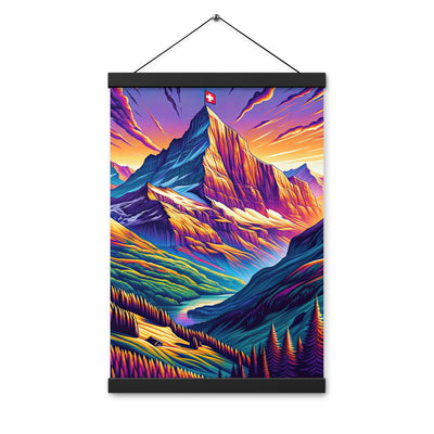 Bergpracht mit Schweizer Flagge: Farbenfrohe Illustration einer Berglandschaft - Premium Poster mit Aufhängung berge xxx yyy zzz 30.5 x 45.7 cm