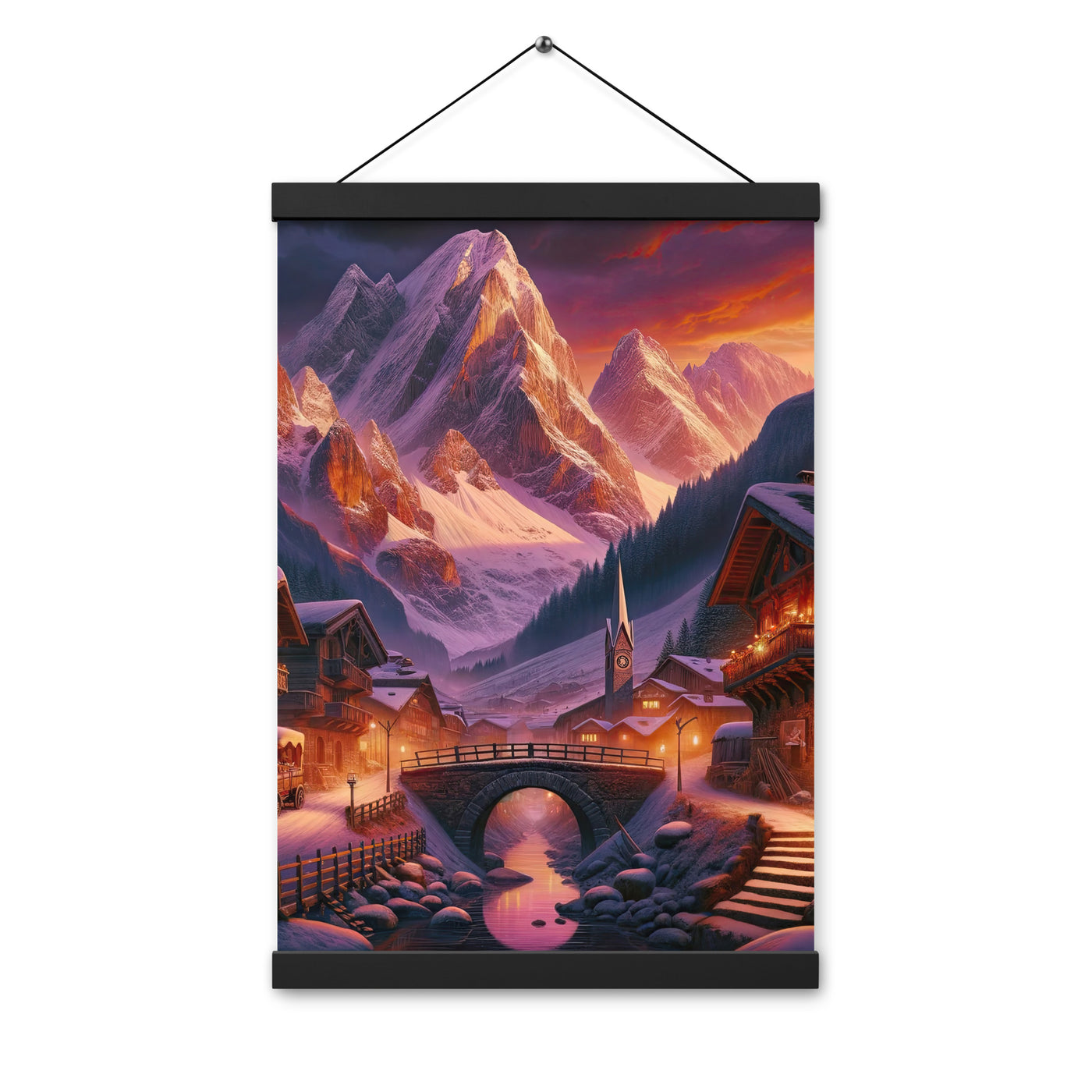 Magische Alpenstunde: Digitale Kunst mit warmem Himmelsschein über schneebedeckte Berge - Premium Poster mit Aufhängung berge xxx yyy zzz 30.5 x 45.7 cm