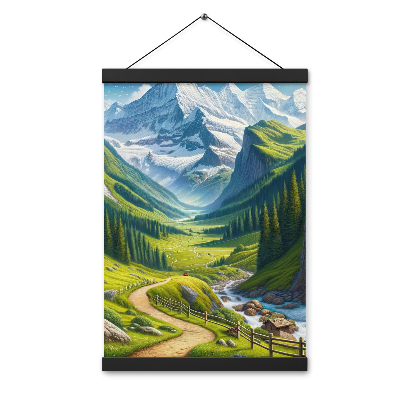 Wanderer in den Bergen und Wald: Digitale Malerei mit grünen kurvenreichen Pfaden - Premium Poster mit Aufhängung wandern xxx yyy zzz 30.5 x 45.7 cm