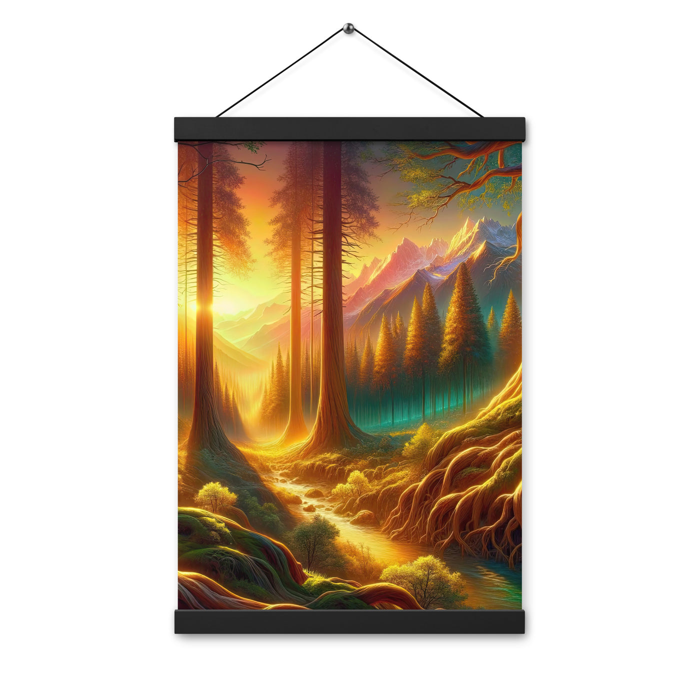 Golden-Stunde Alpenwald, Sonnenlicht durch Blätterdach - Premium Poster mit Aufhängung camping xxx yyy zzz 30.5 x 45.7 cm