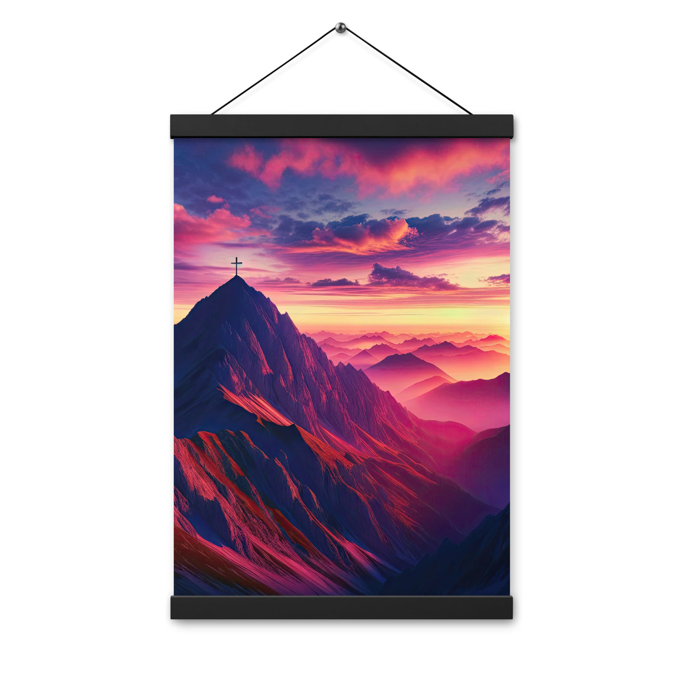 Dramatischer Alpen-Sonnenaufgang, Gipfelkreuz und warme Himmelsfarben - Premium Poster mit Aufhängung berge xxx yyy zzz 30.5 x 45.7 cm