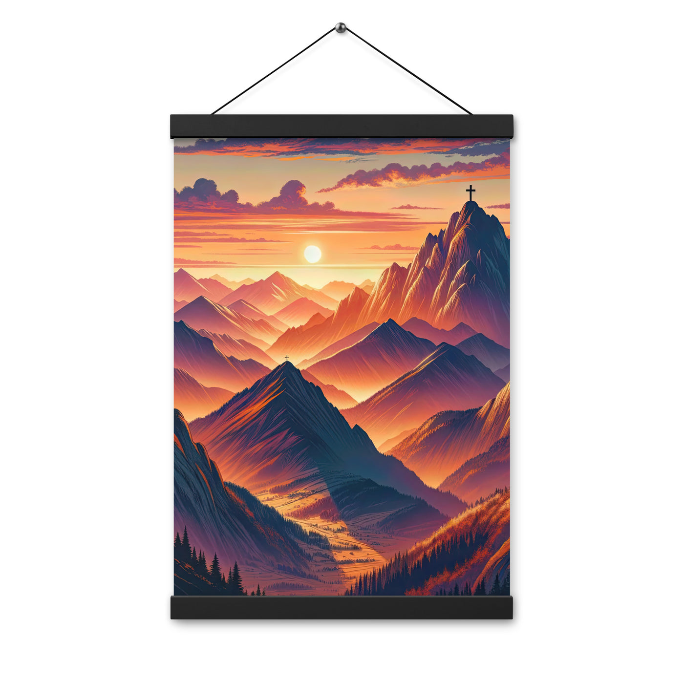 Dramatischer Alpen-Sonnenuntergang, Gipfelkreuz in Orange-Rosa - Premium Poster mit Aufhängung berge xxx yyy zzz 30.5 x 45.7 cm