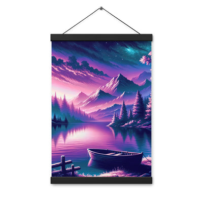 Magische Alpen-Dämmerung, rosa-lila Himmel und Bergsee mit Boot - Premium Poster mit Aufhängung berge xxx yyy zzz 30.5 x 45.7 cm