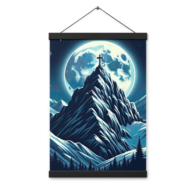Mondnacht und Gipfelkreuz in den Alpen, glitzernde Schneegipfel - Premium Poster mit Aufhängung berge xxx yyy zzz 30.5 x 45.7 cm