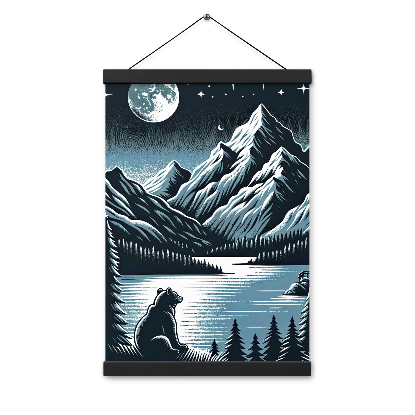 Bär in Alpen-Mondnacht, silberne Berge, schimmernde Seen - Premium Poster mit Aufhängung camping xxx yyy zzz 30.5 x 45.7 cm