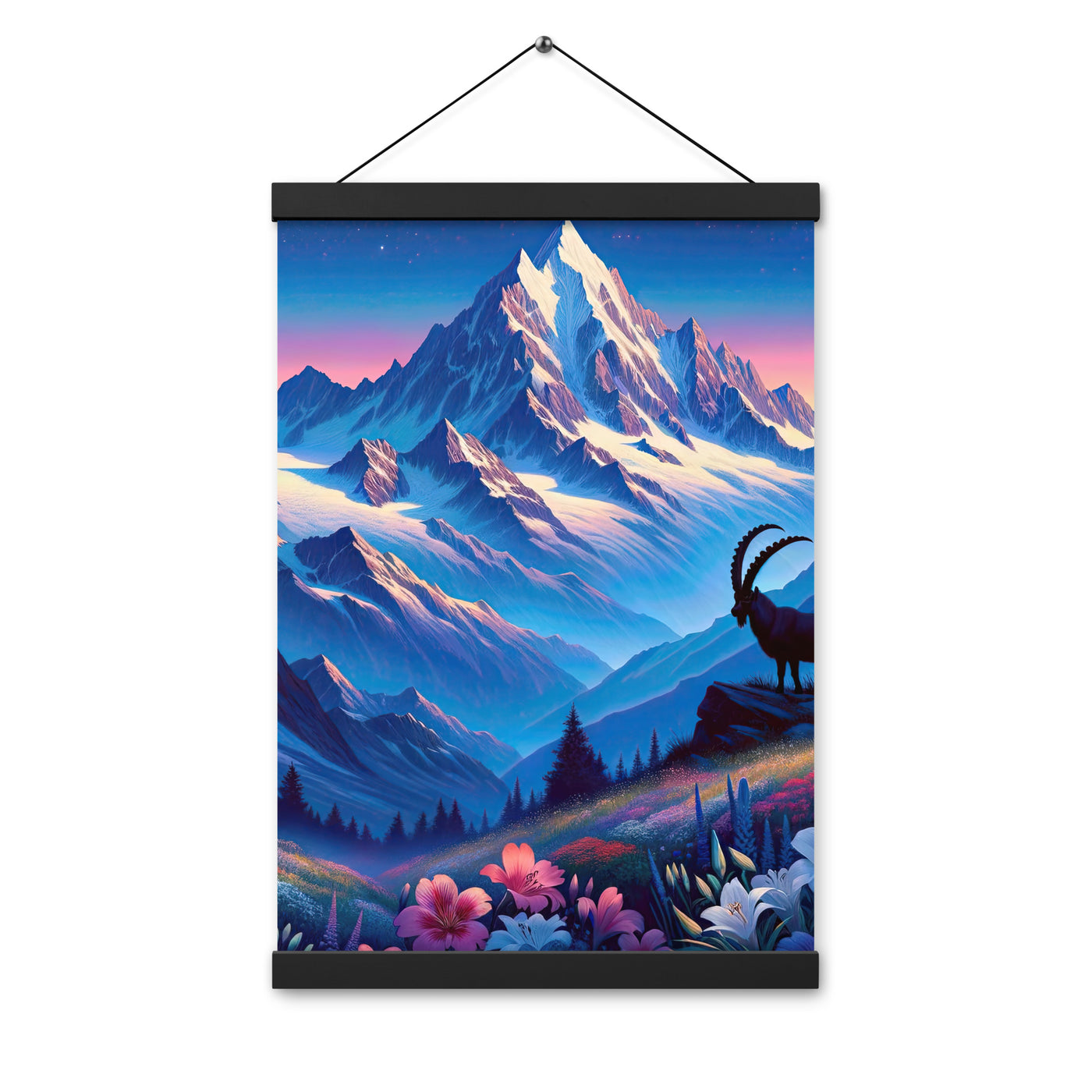 Steinbock bei Dämmerung in den Alpen, sonnengeküsste Schneegipfel - Premium Poster mit Aufhängung berge xxx yyy zzz 30.5 x 45.7 cm