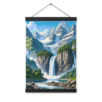 Illustration einer unberührten Alpenkulisse im Hochsommer. Wasserfall und See - Premium Poster mit Aufhängung berge xxx yyy zzz 30.5 x 45.7 cm