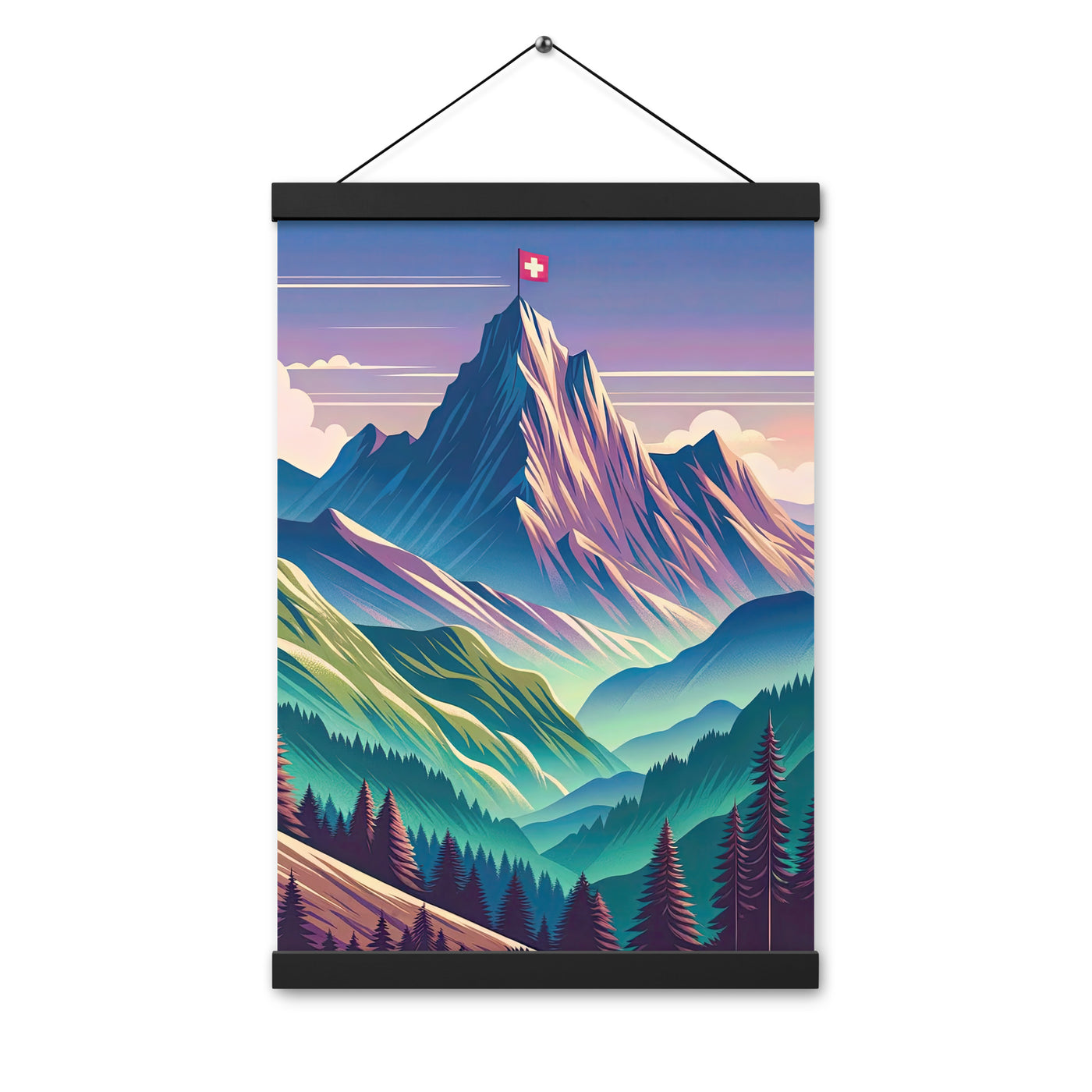 Harmonische Berglandschaft mit Schweizer Flagge auf Gipfel - Premium Poster mit Aufhängung berge xxx yyy zzz 30.5 x 45.7 cm
