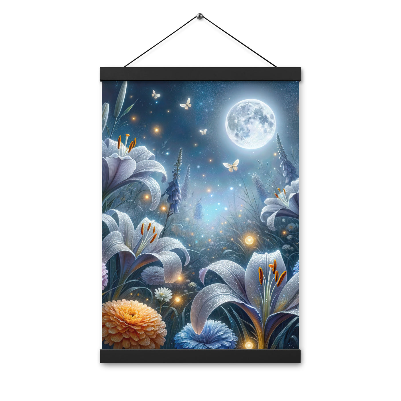Ätherische Mondnacht auf blühender Wiese, silbriger Blumenglanz - Premium Poster mit Aufhängung camping xxx yyy zzz 30.5 x 45.7 cm