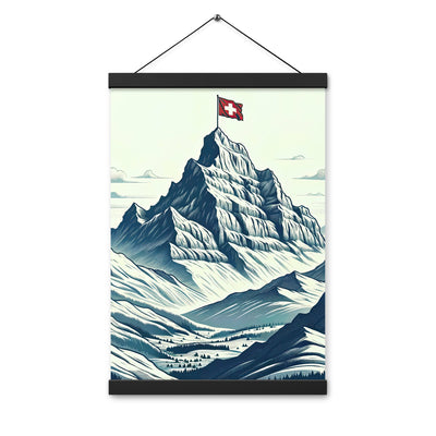 Ausgedehnte Bergkette mit dominierendem Gipfel und wehender Schweizer Flagge - Premium Poster mit Aufhängung berge xxx yyy zzz 30.5 x 45.7 cm