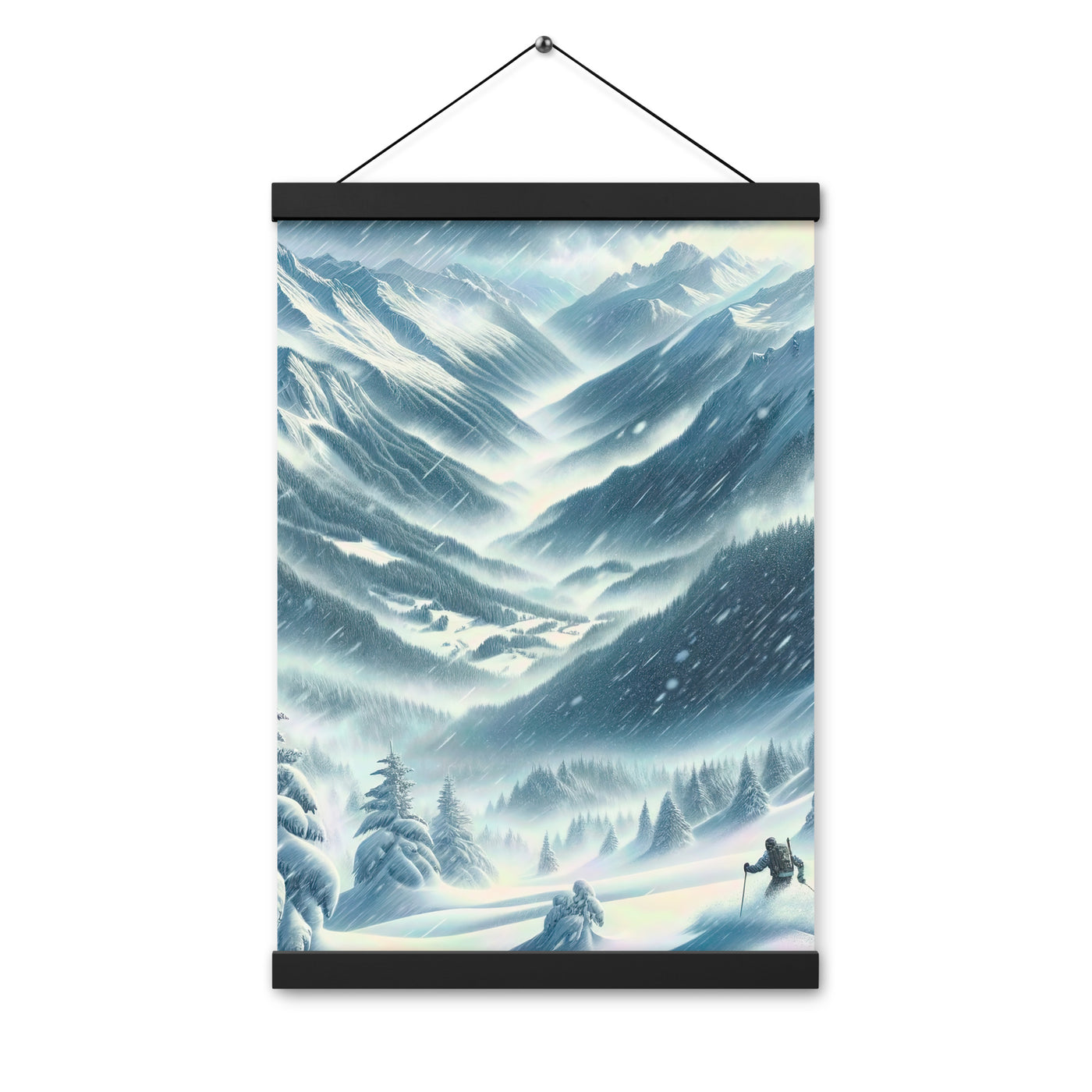 Alpine Wildnis im Wintersturm mit Skifahrer, verschneite Landschaft - Premium Poster mit Aufhängung klettern ski xxx yyy zzz 30.5 x 45.7 cm