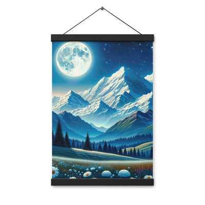 Klare frühlingshafte Alpennacht mit Blumen und Vollmond über Schneegipfeln - Premium Poster mit Aufhängung berge xxx yyy zzz 30.5 x 45.7 cm
