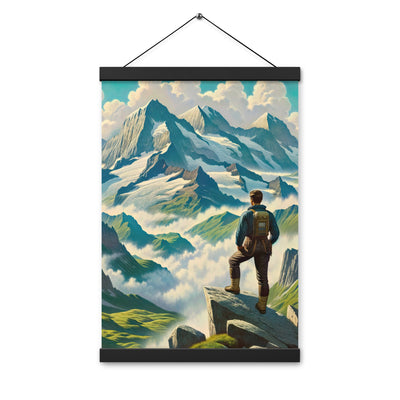 Panoramablick der Alpen mit Wanderer auf einem Hügel und schroffen Gipfeln - Premium Poster mit Aufhängung wandern xxx yyy zzz 30.5 x 45.7 cm