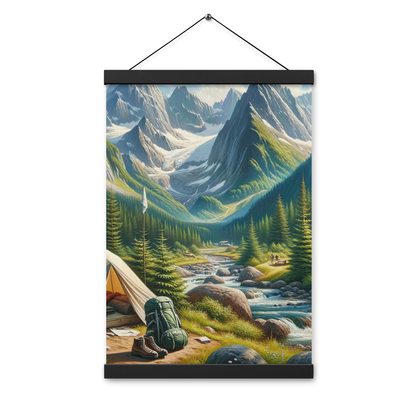 Ölgemälde der Alpensommerlandschaft mit Zelt, Gipfeln, Wäldern und Bächen - Premium Poster mit Aufhängung camping xxx yyy zzz 30.5 x 45.7 cm