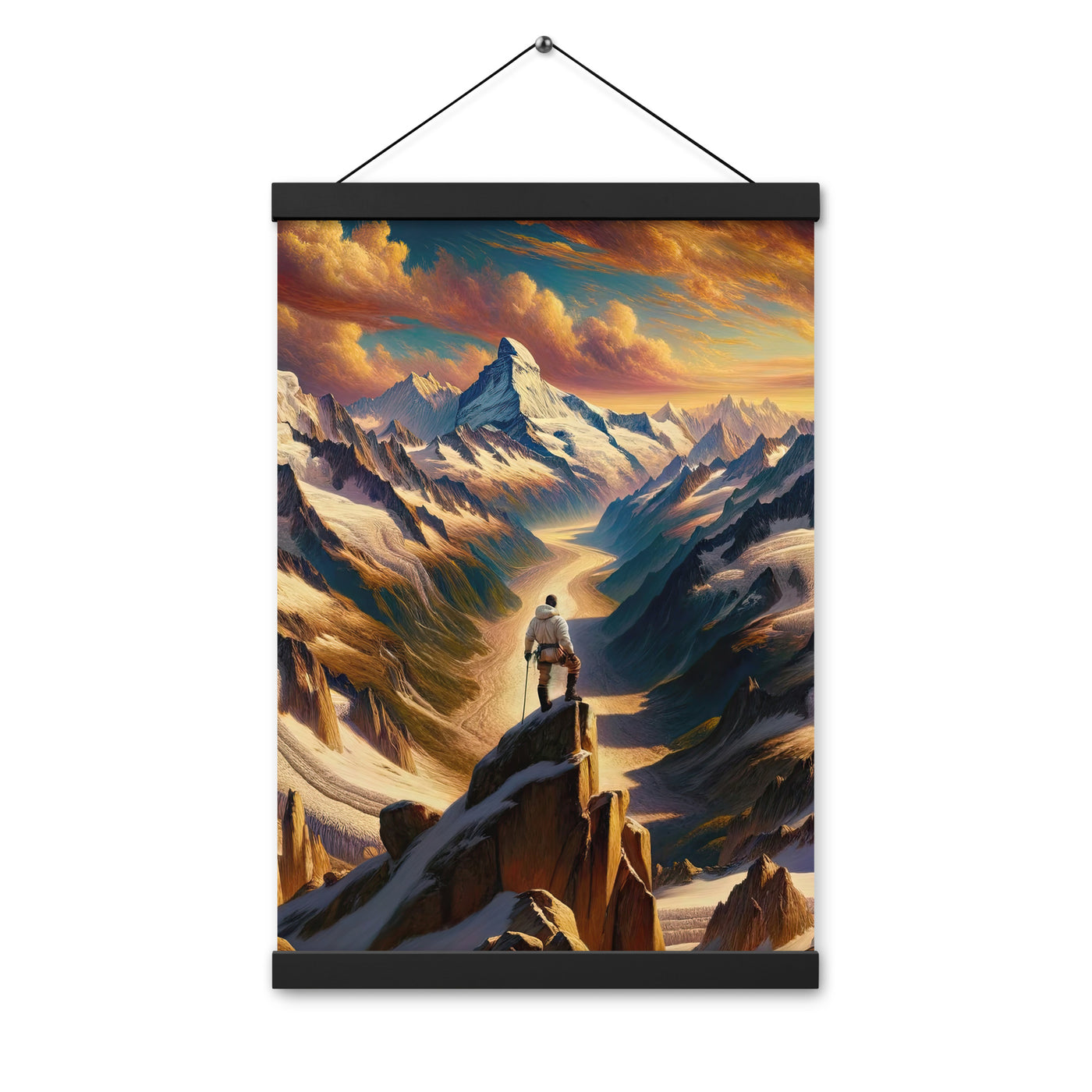Ölgemälde eines Wanderers auf einem Hügel mit Panoramablick auf schneebedeckte Alpen und goldenen Himmel - Enhanced Matte Paper Poster wandern xxx yyy zzz 30.5 x 45.7 cm