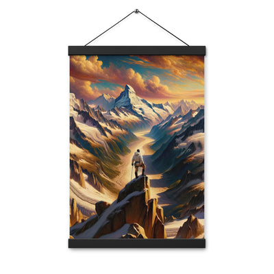 Ölgemälde eines Wanderers auf einem Hügel mit Panoramablick auf schneebedeckte Alpen und goldenen Himmel - Enhanced Matte Paper Poster wandern xxx yyy zzz 30.5 x 45.7 cm