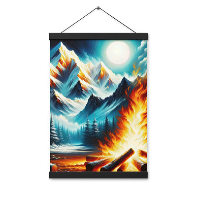Ölgemälde von Feuer und Eis: Lagerfeuer und Alpen im Kontrast, warme Flammen - Premium Poster mit Aufhängung camping xxx yyy zzz 30.5 x 45.7 cm