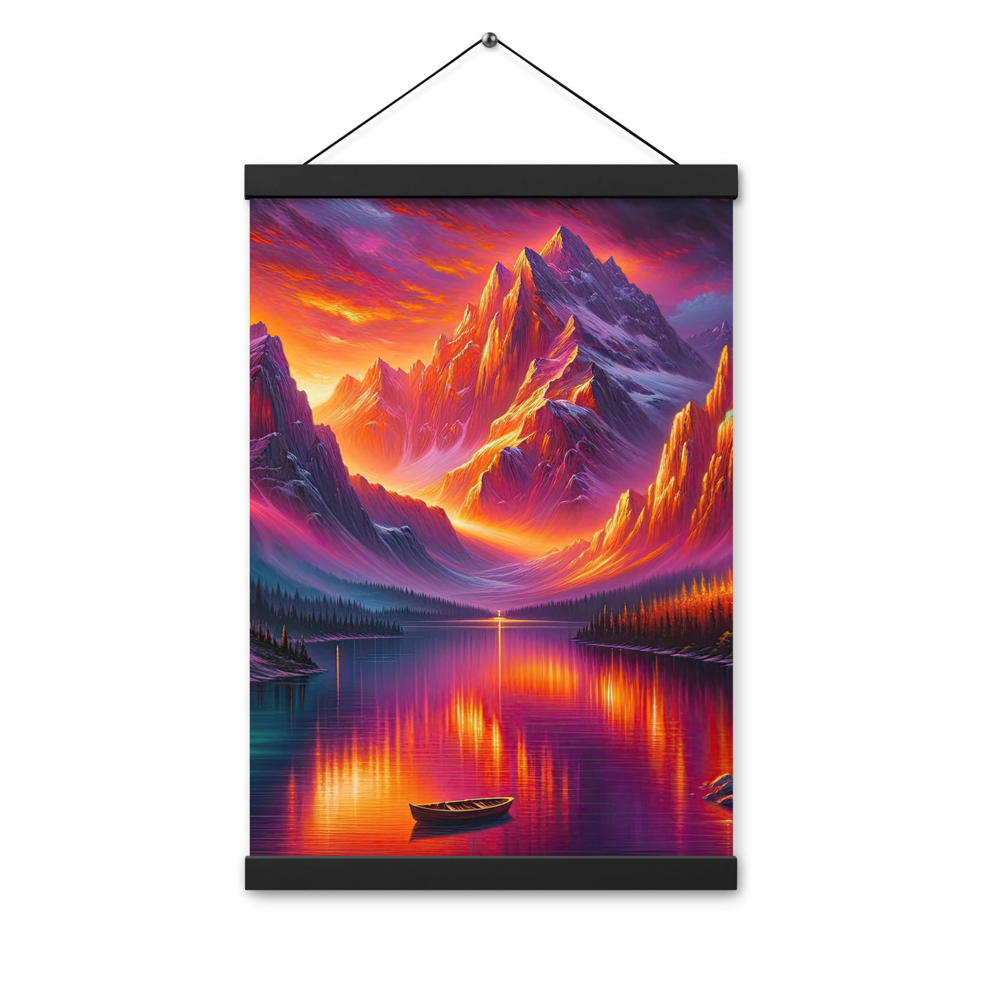 Ölgemälde eines Bootes auf einem Bergsee bei Sonnenuntergang, lebendige Orange-Lila Töne - Premium Poster mit Aufhängung berge xxx yyy zzz 30.5 x 45.7 cm