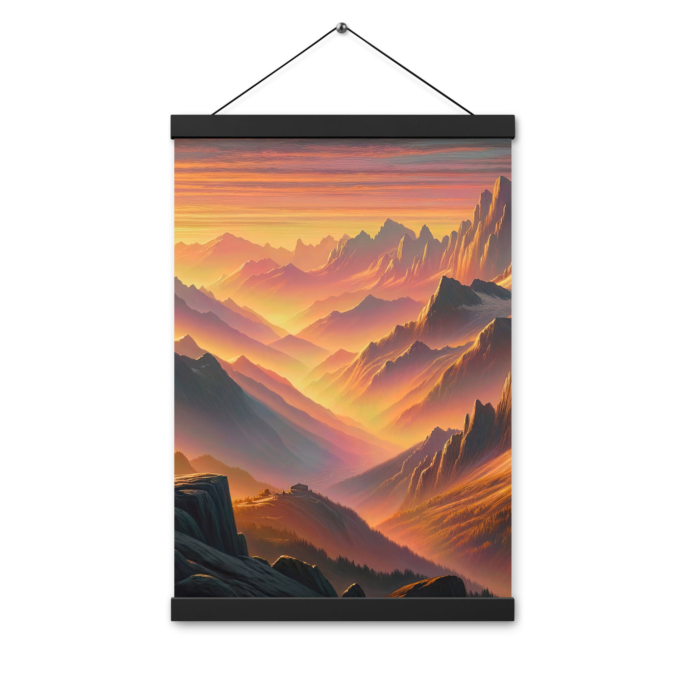 Ölgemälde der Alpen in der goldenen Stunde mit Wanderer, Orange-Rosa Bergpanorama - Premium Poster mit Aufhängung wandern xxx yyy zzz 30.5 x 45.7 cm