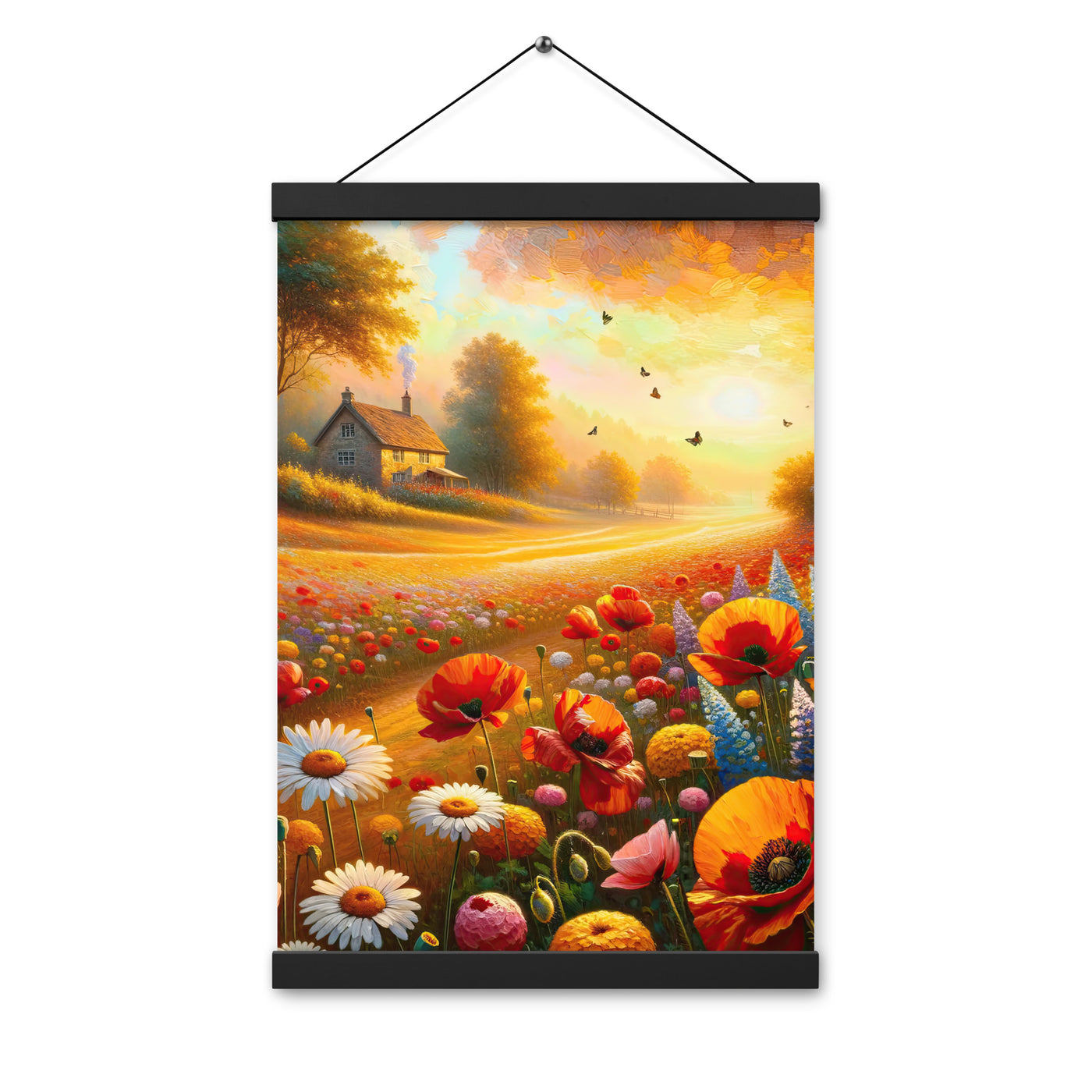 Ölgemälde eines Blumenfeldes im Sonnenuntergang, leuchtende Farbpalette - Premium Poster mit Aufhängung camping xxx yyy zzz 30.5 x 45.7 cm
