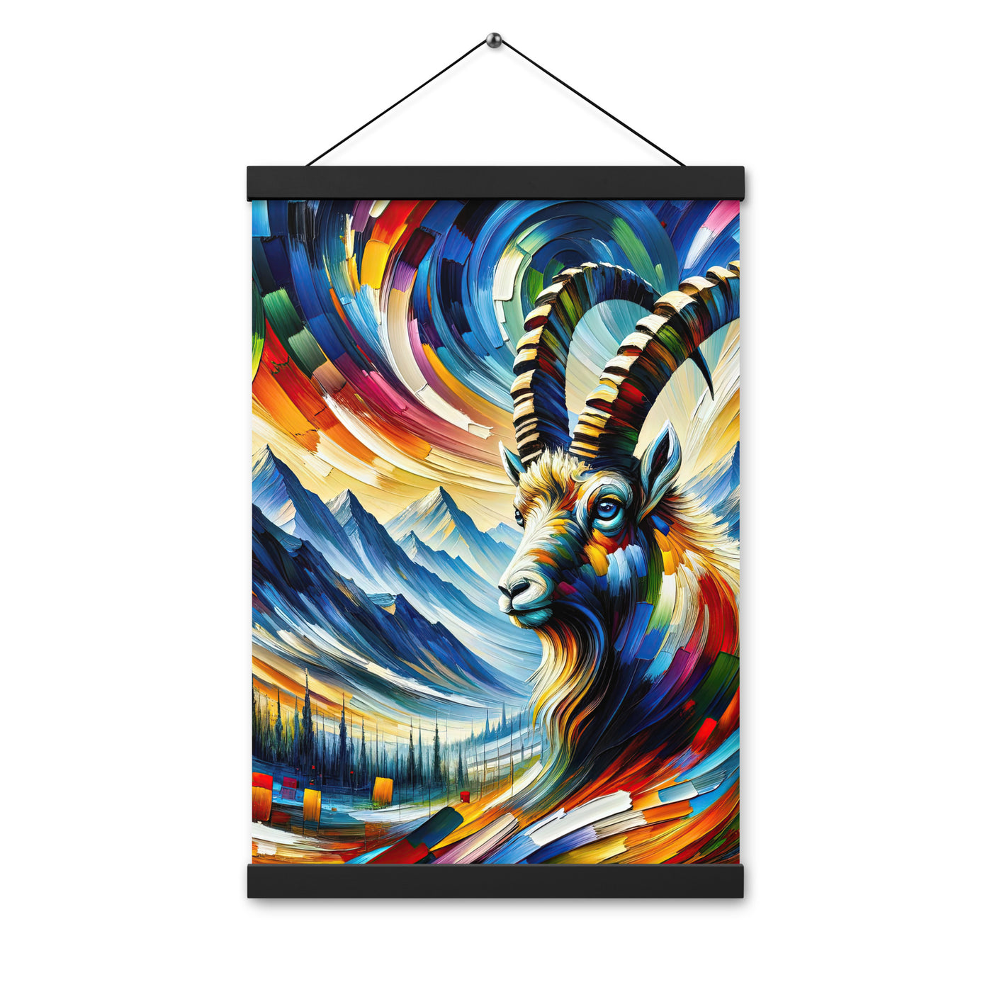Alpen-Ölgemälde mit kräftigen Farben und Bergsteinbock in lebendiger Szenerie - Premium Poster mit Aufhängung berge xxx yyy zzz 30.5 x 45.7 cm