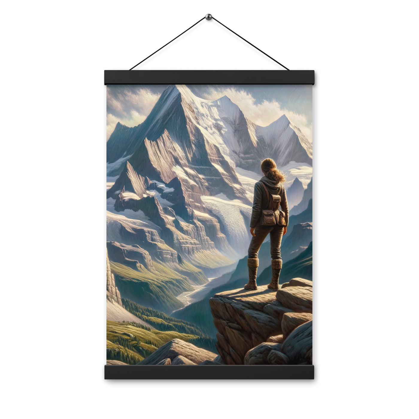 Ölgemälde der Alpengipfel mit Schweizer Abenteurerin auf Felsvorsprung - Premium Poster mit Aufhängung wandern xxx yyy zzz 30.5 x 45.7 cm