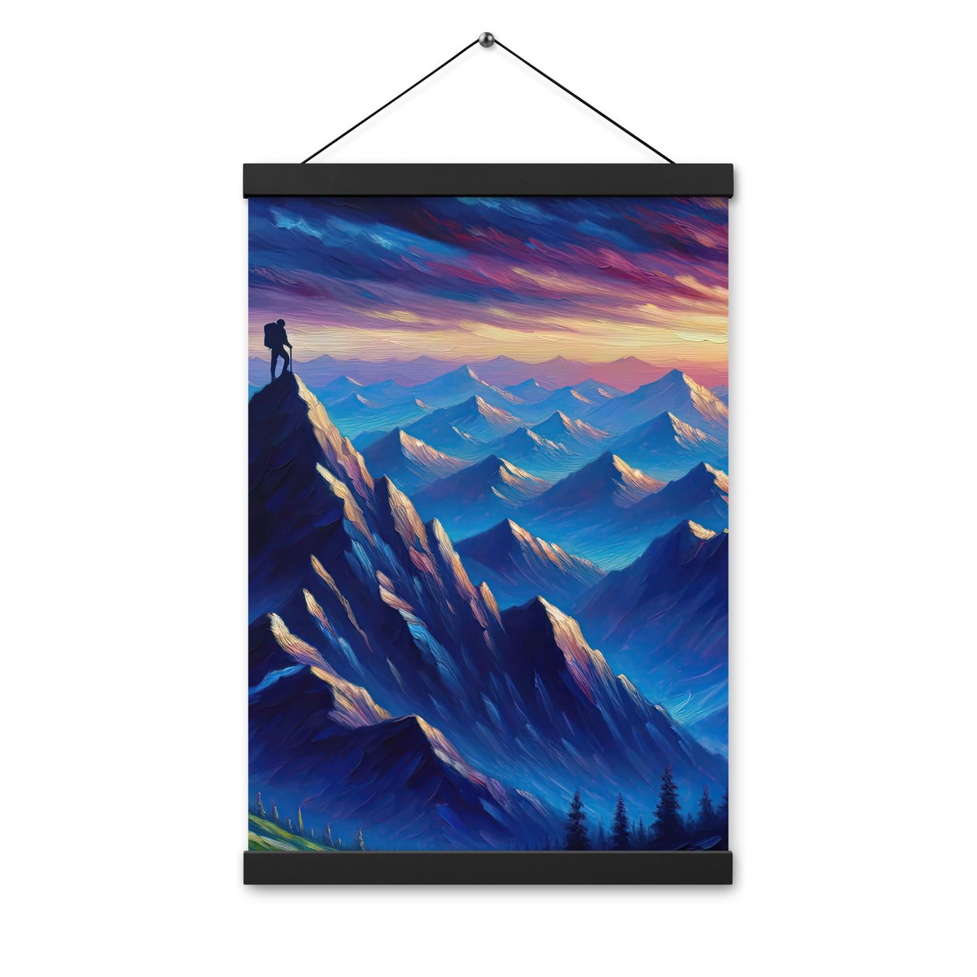 Ölgemälde eines ruhigen Alpenabends mit Bergsteigersilhouette auf dem Gipfel - Premium Poster mit Aufhängung wandern xxx yyy zzz 30.5 x 45.7 cm