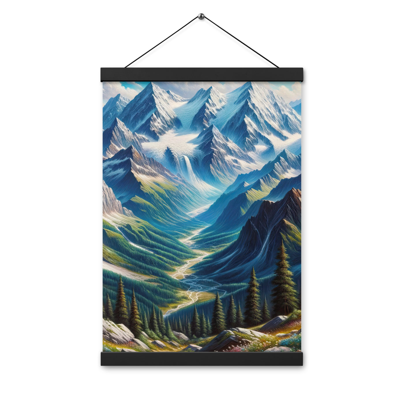 Panorama-Ölgemälde der Alpen mit schneebedeckten Gipfeln und schlängelnden Flusstälern - Premium Poster mit Aufhängung berge xxx yyy zzz 30.5 x 45.7 cm