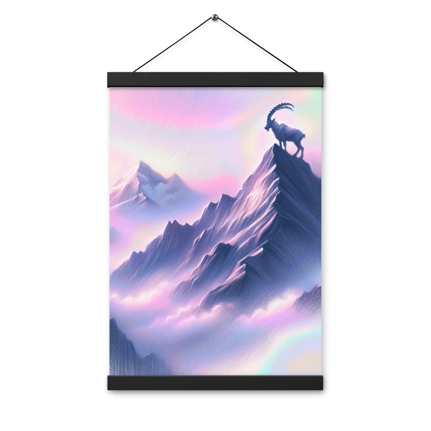 Pastellzeichnung der Alpen im Morgengrauen mit Steinbock in Rosa- und Lavendeltönen - Premium Poster mit Aufhängung berge xxx yyy zzz 30.5 x 45.7 cm
