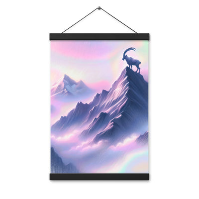Pastellzeichnung der Alpen im Morgengrauen mit Steinbock in Rosa- und Lavendeltönen - Premium Poster mit Aufhängung berge xxx yyy zzz 30.5 x 45.7 cm