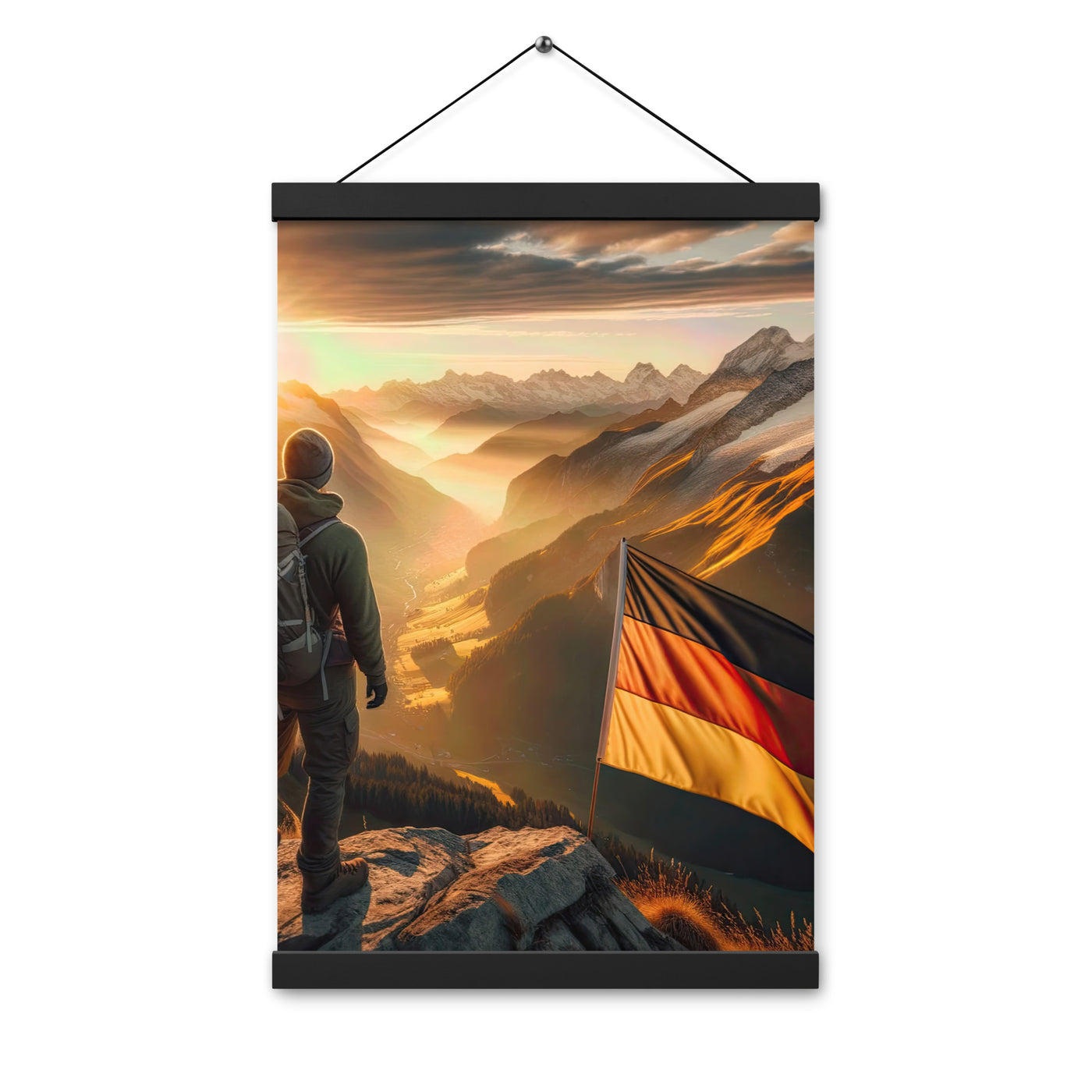 Foto der Alpen bei Sonnenuntergang mit deutscher Flagge und Wanderer, goldenes Licht auf Schneegipfeln - Enhanced Matte Paper Poster berge xxx yyy zzz 30.5 x 45.7 cm