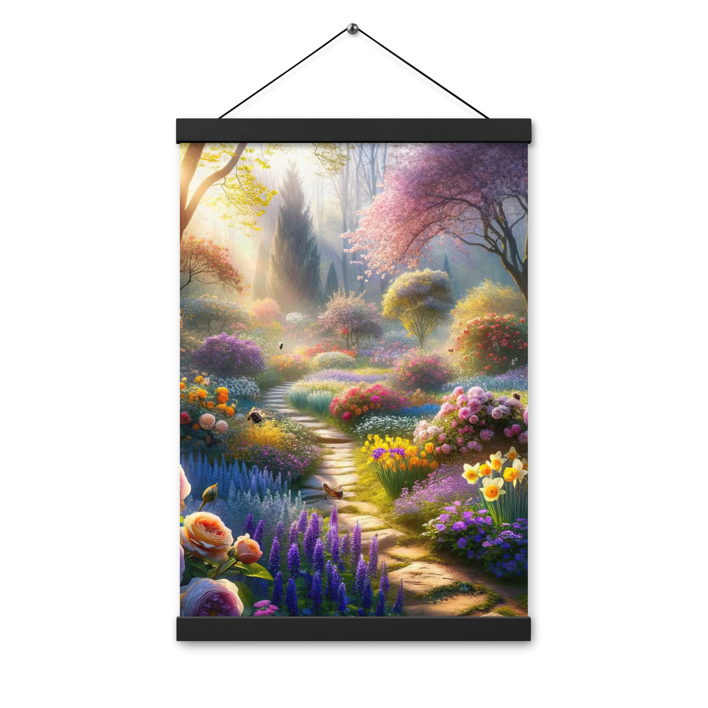 Foto einer Gartenszene im Frühling mit Weg durch blühende Rosen und Veilchen - Premium Poster mit Aufhängung camping xxx yyy zzz 30.5 x 45.7 cm