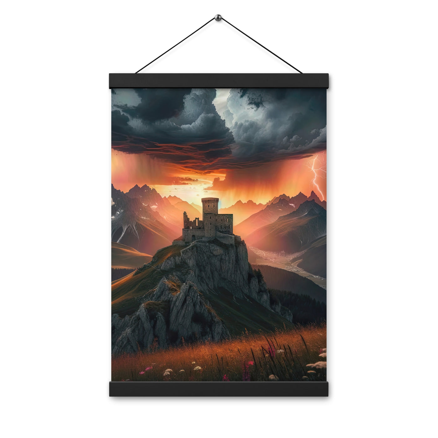 Foto einer Alpenburg bei stürmischem Sonnenuntergang, dramatische Wolken und Sonnenstrahlen - Enhanced Matte Paper Poster With Hanger berge xxx yyy zzz 30.5 x 45.7 cm