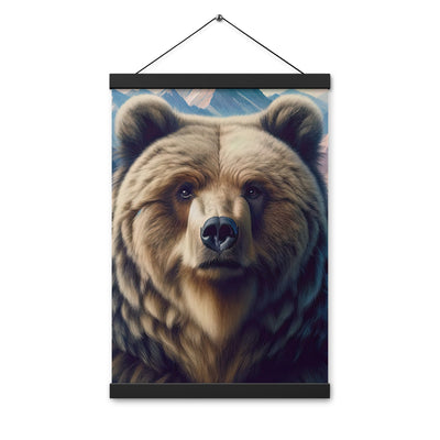 Foto eines Bären vor abstrakt gemalten Alpenbergen, Oberkörper im Fokus - Premium Poster mit Aufhängung camping xxx yyy zzz 30.5 x 45.7 cm