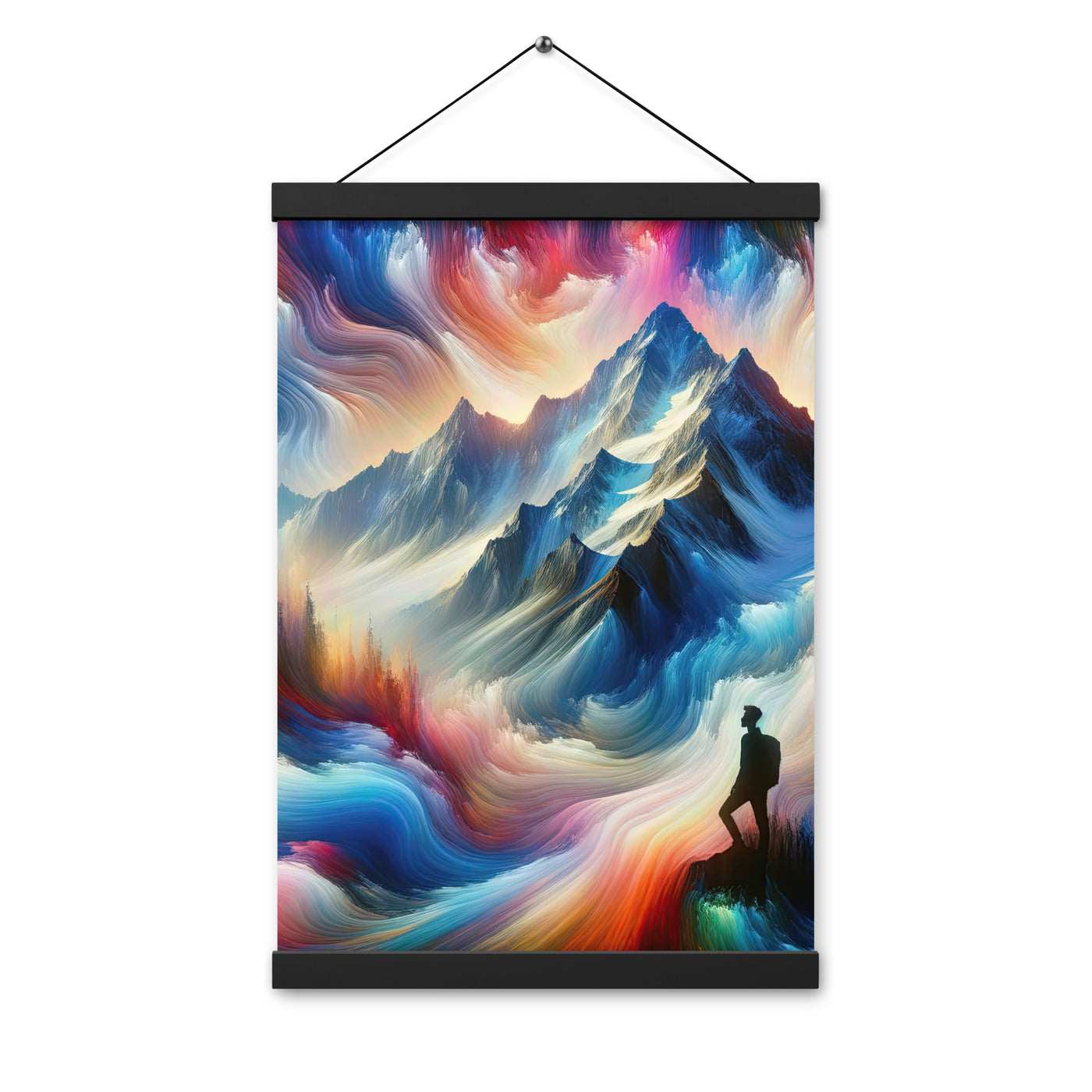 Foto eines abstrakt-expressionistischen Alpengemäldes mit Wanderersilhouette - Premium Poster mit Aufhängung wandern xxx yyy zzz 30.5 x 45.7 cm