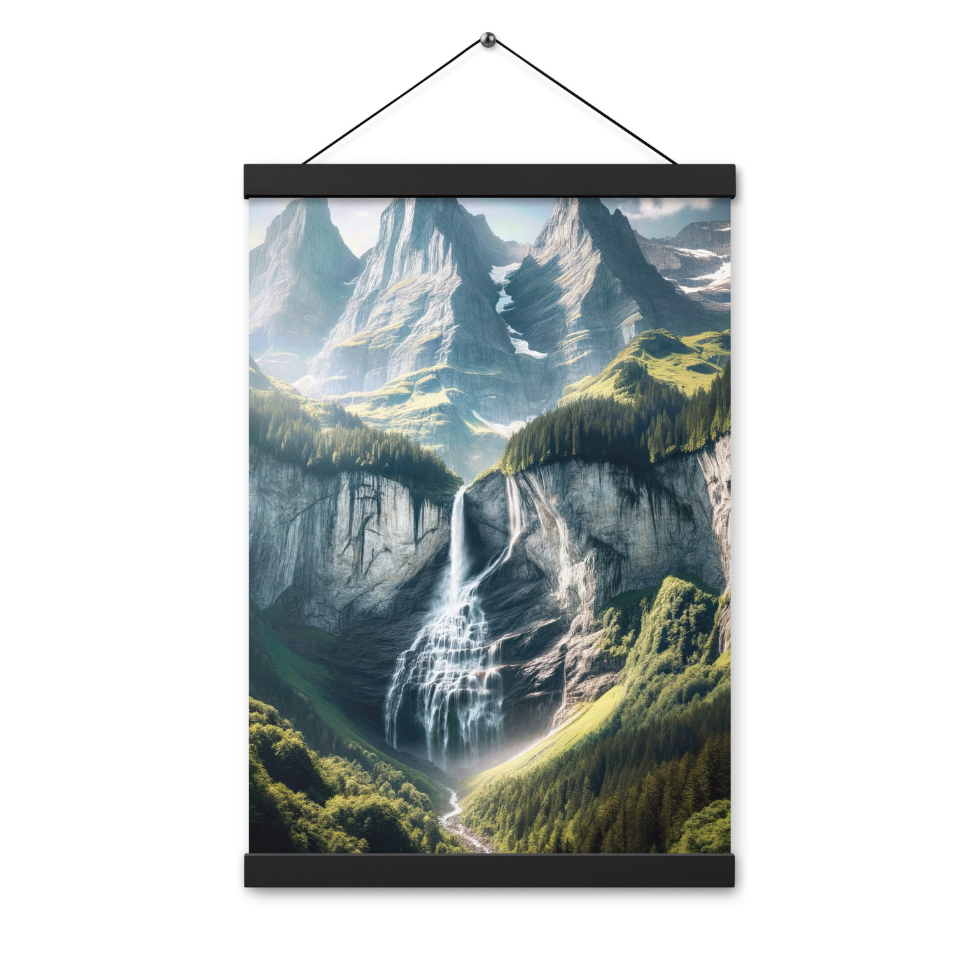 Foto der sommerlichen Alpen mit üppigen Gipfeln und Wasserfall - Premium Poster mit Aufhängung berge xxx yyy zzz 30.5 x 45.7 cm