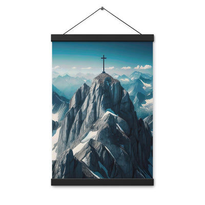 Foto der Alpen mit Gipfelkreuz an einem klaren Tag, schneebedeckte Spitzen vor blauem Himmel - Enhanced Matte Paper Poster With Hanger berge xxx yyy zzz 30.5 x 45.7 cm
