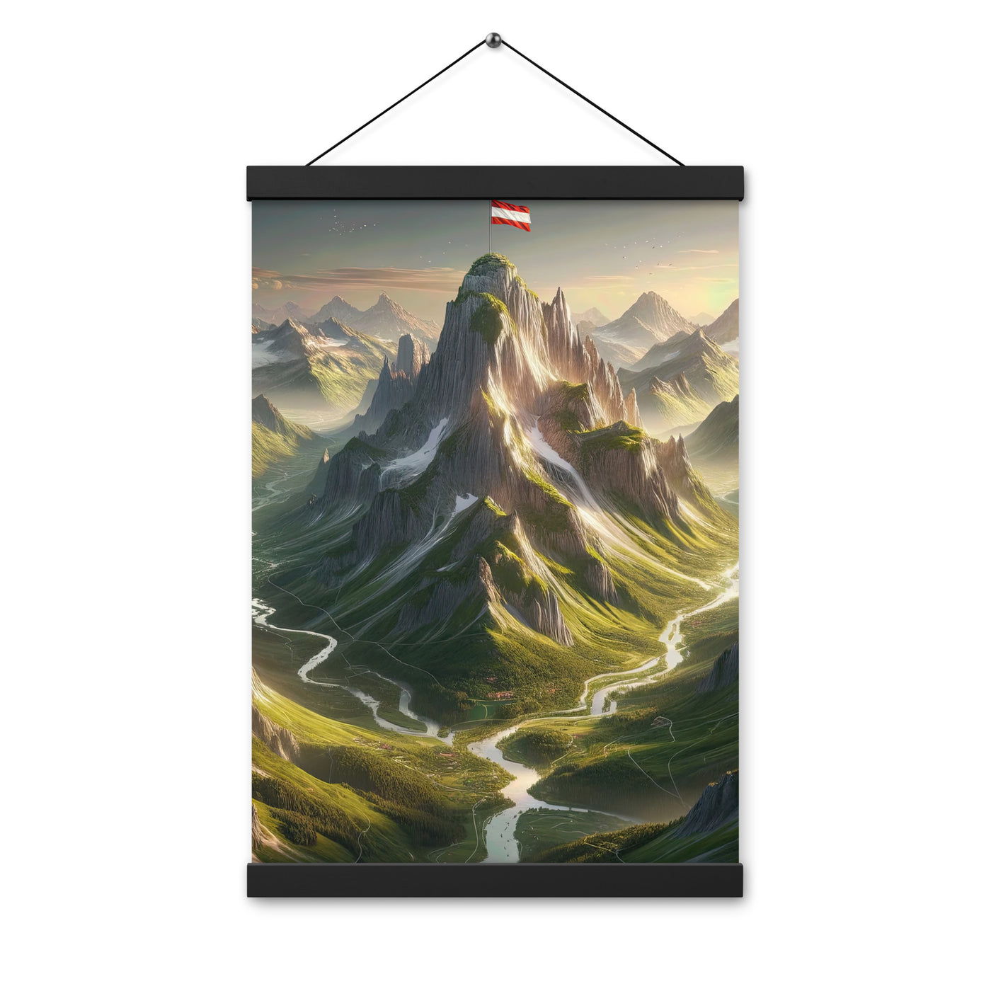 Fotorealistisches Bild der Alpen mit österreichischer Flagge, scharfen Gipfeln und grünen Tälern - Enhanced Matte Paper Poster With berge xxx yyy zzz 30.5 x 45.7 cm