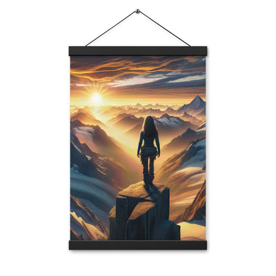 Fotorealistische Darstellung der Alpen bei Sonnenaufgang, Wanderin unter einem gold-purpurnen Himmel - Enhanced Matte Paper Poster With wandern xxx yyy zzz 30.5 x 45.7 cm