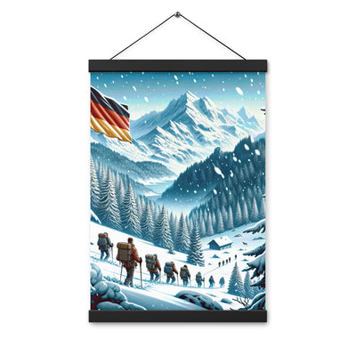 Quadratische Winterillustration der Alpen mit deutscher Flagge und Wanderteam - Premium Poster mit Aufhängung wandern xxx yyy zzz 30.5 x 45.7 cm