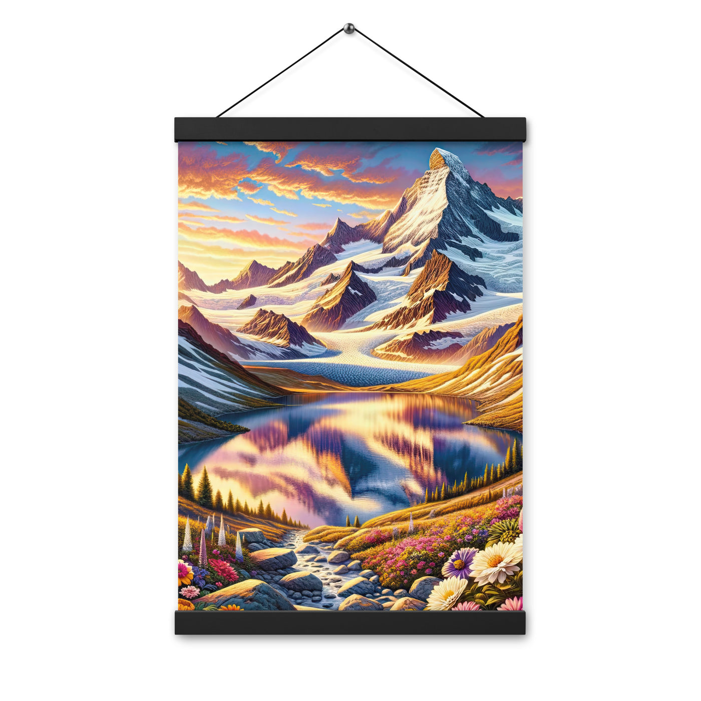 Quadratische Illustration der Alpen mit schneebedeckten Gipfeln und Wildblumen - Premium Poster mit Aufhängung berge xxx yyy zzz 30.5 x 45.7 cm