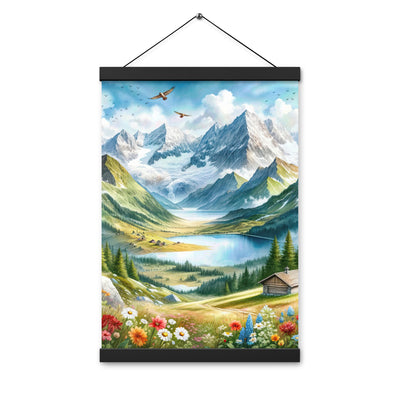 Quadratisches Aquarell der Alpen, Berge mit schneebedeckten Spitzen - Premium Poster mit Aufhängung berge xxx yyy zzz 30.5 x 45.7 cm