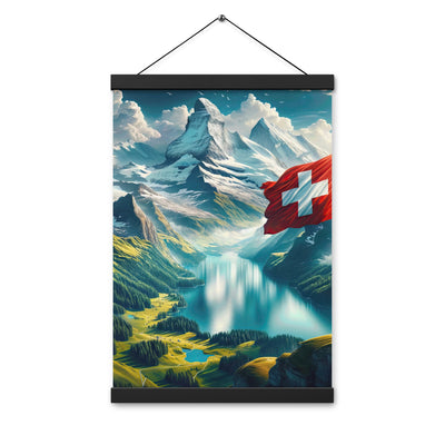 Ultraepische, fotorealistische Darstellung der Schweizer Alpenlandschaft mit Schweizer Flagge - Enhanced Matte Paper Poster With Hanger berge xxx yyy zzz 30.5 x 45.7 cm