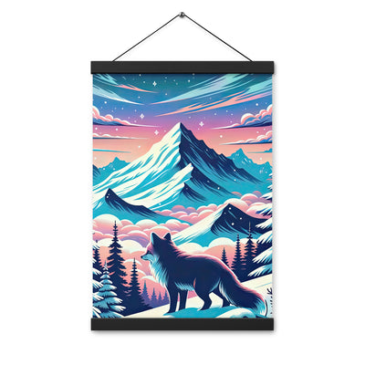 Vektorgrafik eines alpinen Winterwunderlandes mit schneebedeckten Kiefern und einem Fuchs - Premium Poster mit Aufhängung camping xxx yyy zzz 30.5 x 45.7 cm