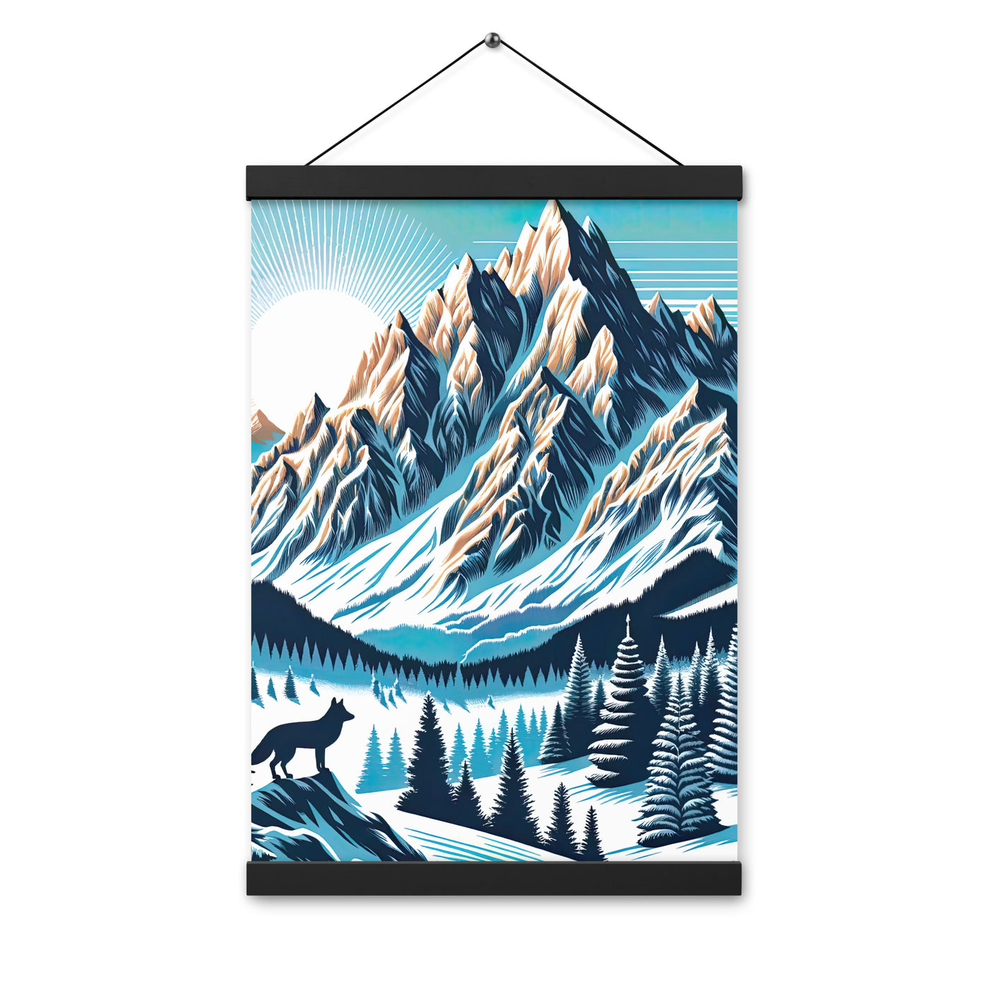 Vektorgrafik eines Wolfes im winterlichen Alpenmorgen, Berge mit Schnee- und Felsmustern - Premium Poster mit Aufhängung berge xxx yyy zzz 30.5 x 45.7 cm