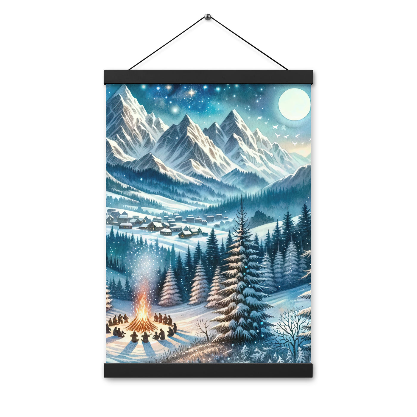 Aquarell eines Winterabends in den Alpen mit Lagerfeuer und Wanderern, glitzernder Neuschnee - Enhanced Matte Paper Poster With Hanger camping xxx yyy zzz 30.5 x 45.7 cm