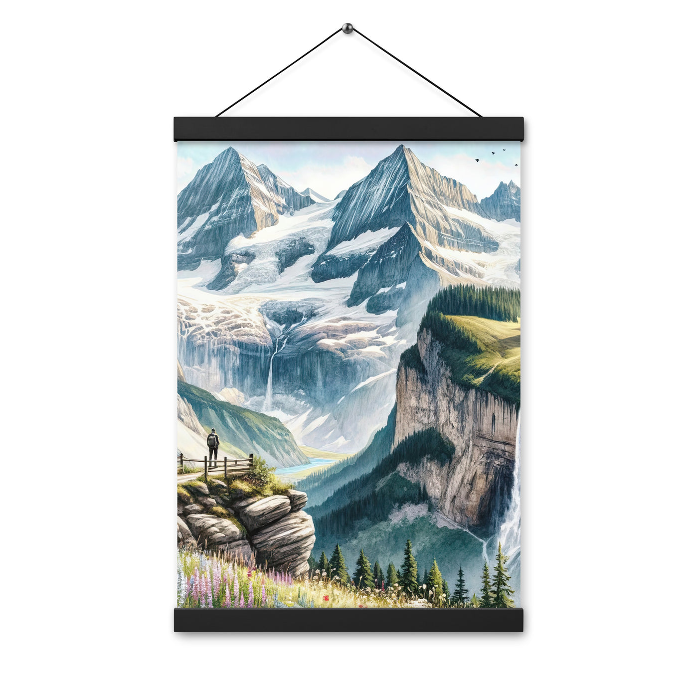 Aquarell-Panoramablick der Alpen mit schneebedeckten Gipfeln, Wasserfällen und Wanderern - Premium Poster mit Aufhängung wandern xxx yyy zzz 30.5 x 45.7 cm