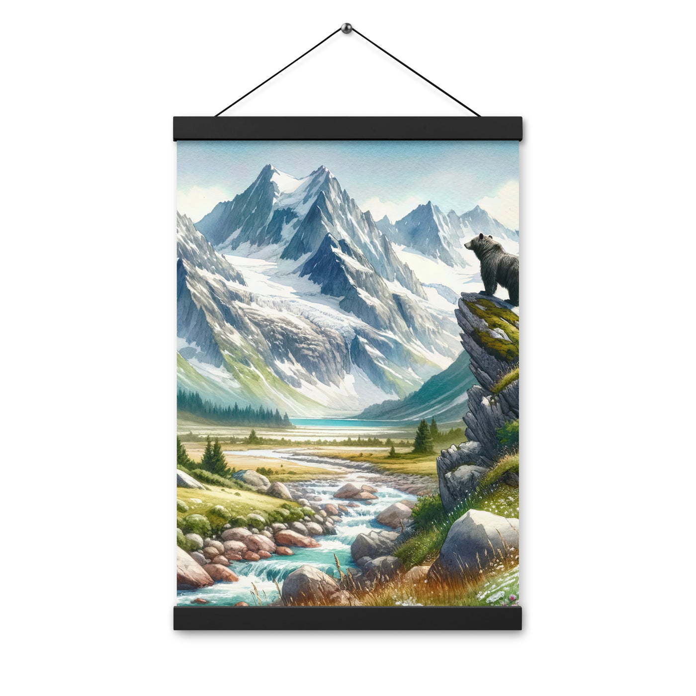 Aquarellmalerei eines Bären und der sommerlichen Alpenschönheit mit schneebedeckten Ketten - Enhanced Matte Paper Poster With Hanger camping xxx yyy zzz 30.5 x 45.7 cm