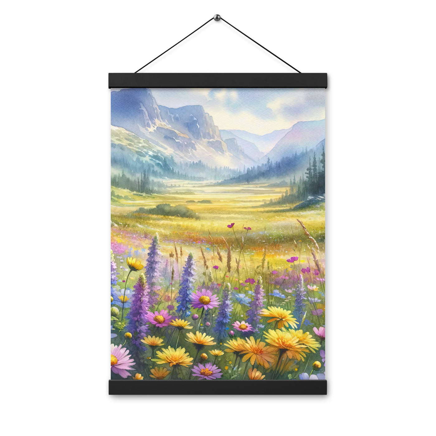 Aquarell einer Almwiese in Ruhe, Wildblumenteppich in Gelb, Lila, Rosa - Premium Poster mit Aufhängung berge xxx yyy zzz 30.5 x 45.7 cm