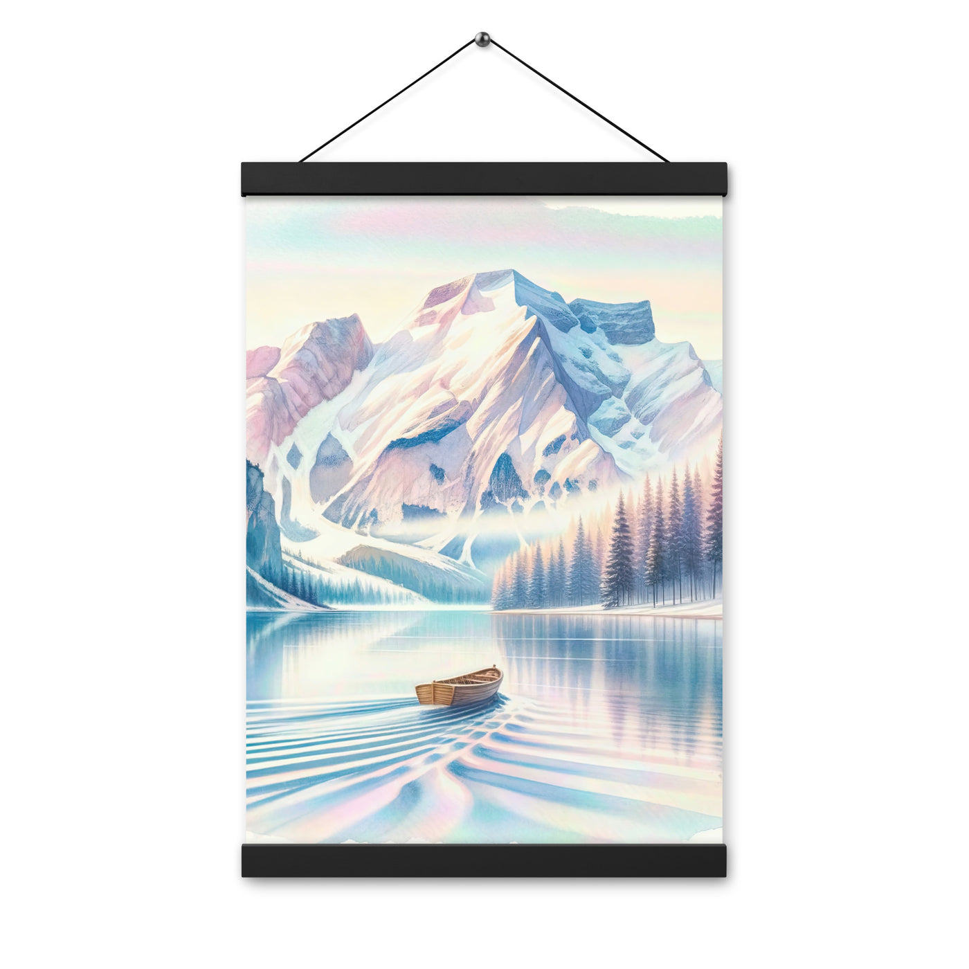 Aquarell eines klaren Alpenmorgens, Boot auf Bergsee in Pastelltönen - Premium Poster mit Aufhängung berge xxx yyy zzz 30.5 x 45.7 cm